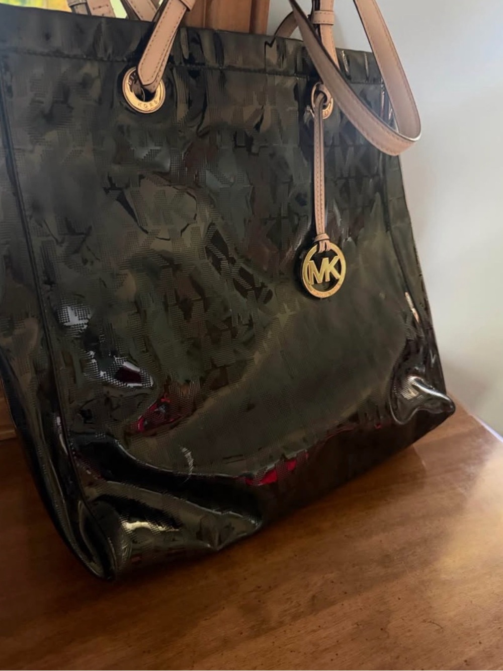Michael Kors Black Patent Tote with Tan Straps and Gold MK Charm